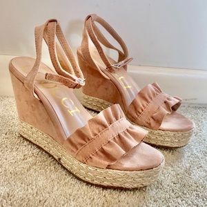Blush Open Toe Ruffle Espadrille Wedge w/ Strap